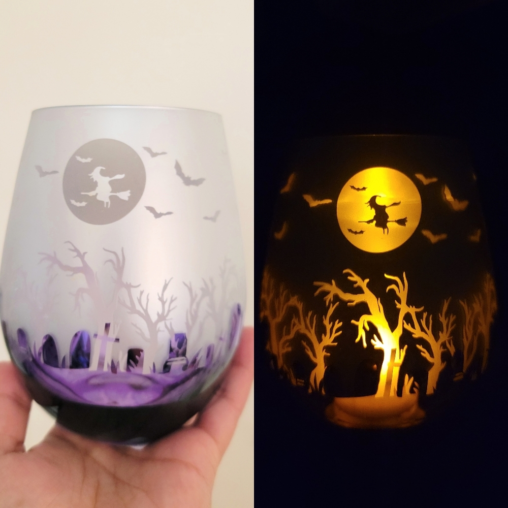 Halloween Witch's Graveyard Purple Silver Wine Glass
